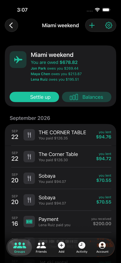 A group with its expenses, each showing what you lent or borrowed.