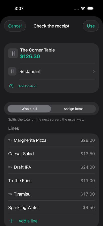 A scanned receipt with each line read out and ready to assign.